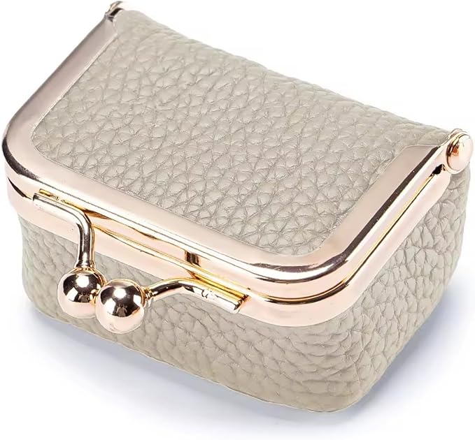 Genuine Leather Mini Jewelry Box for Women, Square Coin Purse with Kiss Lock, Jewelry Organizer Travel Case (Small, Beige)