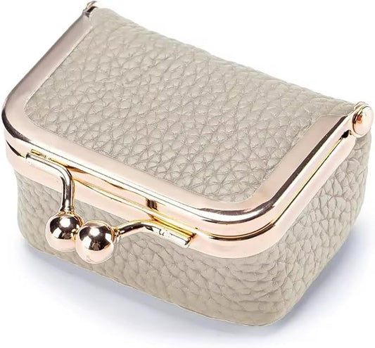 Genuine Leather Mini Jewelry Box for Women, Square Coin Purse with Kiss Lock, Jewelry Organizer Travel Case (Small, Beige)
