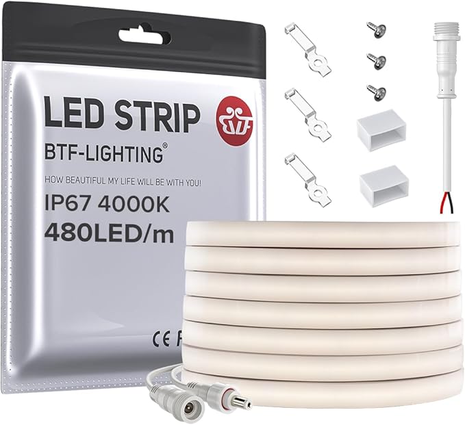 BTF-LIGHTING FCOB COB LED Strip IP67 Waterproof Flexible High Density Uniform Diffused Neon Light 16.4FT DC24V Natural White 4000K 480LED/m CRI90+ for Indoor Decor(No Adapter or Controller)