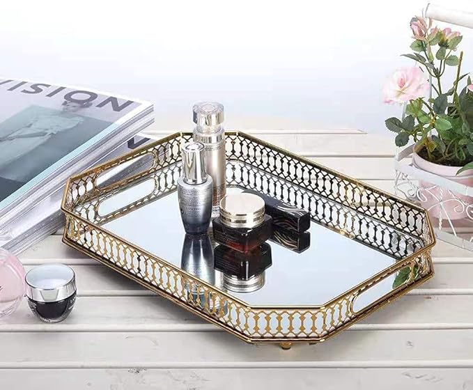 Perfume Vanity Mirror Tray - Durable Decorative Organizer for Dresser, Bedroom, Bathroom Countertops - Spacious 13.8x9.6x2.2 Inches, Scratch-Resistant - Gold
