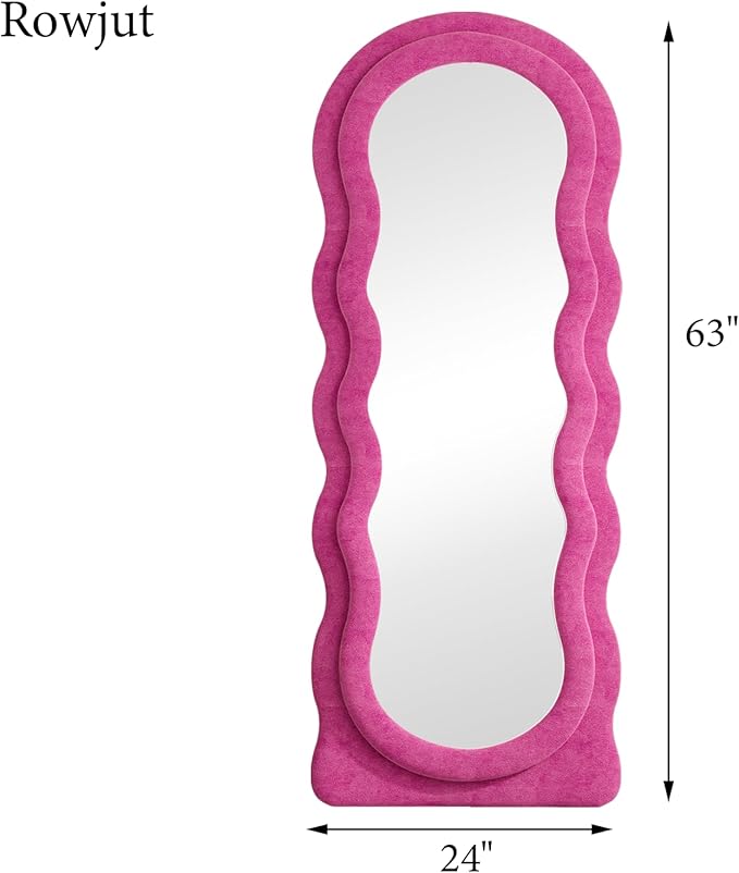 Rowjut Full Length Mirorr, 63"x24" Mirrors Full Length, Irregular Wavy/Wall Mounted/Standing Floor Mirror with Flannel, Body Mirorr Hanging or Leaning Against Wall for Bedroom (Pink)