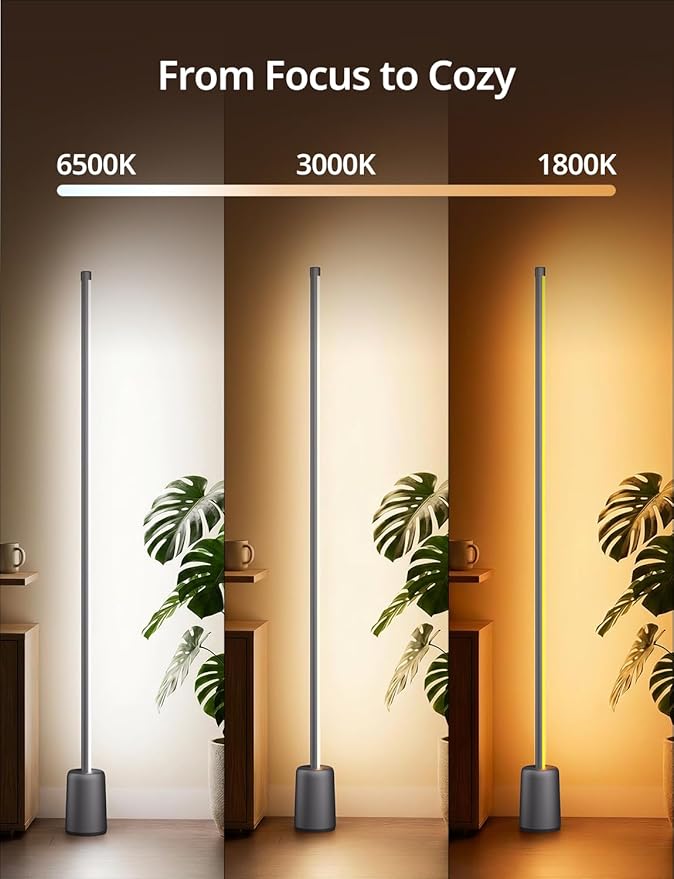 Ailofy Corner Floor Lamp, 1500lm RGBW LED Lamp, Alexa & Google Assistant Compatible, 16 Million DIY Colors, Music Sync, App Control, Modern Smart Floor Lamp for Living Room, Bedroom, Silver Grey