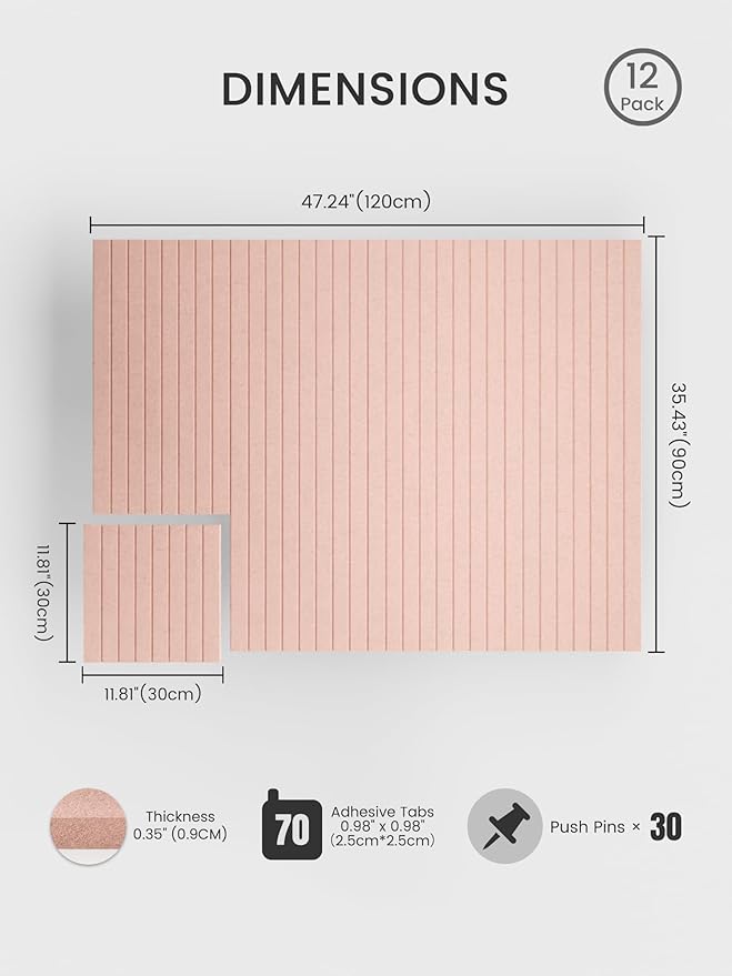 Bumusty Large Cork Board Alternative-48 x 36" Felt Bulletin Board Tiles, with 30 Pushpins, 70 Adhesive Tabs, Fine-Stripe 12-Pack, Cork Boards for Office Push Pin Board Felt Board-Pink