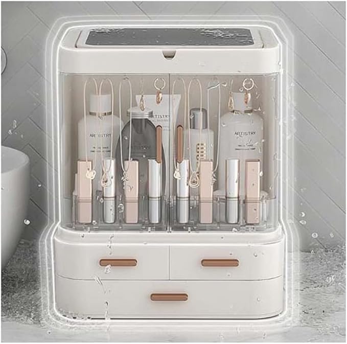 Storage Box with Mirror Light Desktop Makeup Organizer Case Dust-Proof Drawer Type Jewelry Box (Color : White Size : 35.526.629.719.3CM)
