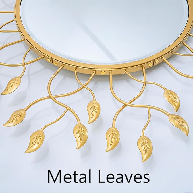 Chende 32" x 32" Large Mirror for Living Room Decor, Round Wall Mirror with Metal Leaves, Beveled Decorative Mirror for Entryway, Dining Room, Bedroom
