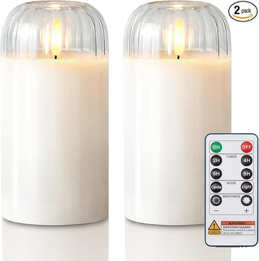 Homemory Glass Flameless Candles, Battery Operated Plliar Candles Realistic Flickering, LED Electric Light with Remote and Timer for Home, Christmas Decoration, White, Set of 2