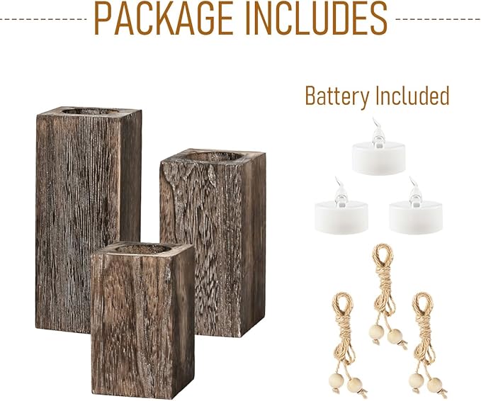 MelonBoat Rustic Wood Candle Holders: Farmhouse Candle Holders with Battery Operated Candles，Rustic Farmhouse Decor, Flameless LED Candles 3-Pack for Living Room Party Holiday Home Decor
