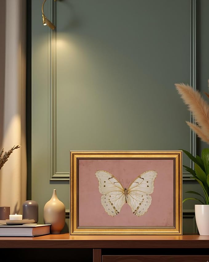 InSimSea Gold Framed Canvas Prints Wall Art, Vintage Bathroom Decor, Classical Moody White Butterfly Paintings Farmhouse Wall Decor Aesthetic, Retro Pictures for Bedroom Living Room Shelf, 12x16inch