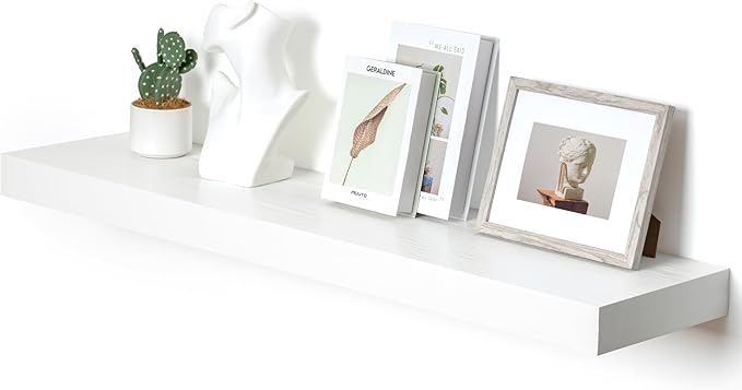 FLYJOE 48 Inch White Floating Shelf | 12 Inch Deep Floating Shelves Set of 1 | 48" D x 12" D Rustic Wood Shelves for Wall | Deep White Shelves for Living Room Bathroom Laundry Room Kitchen