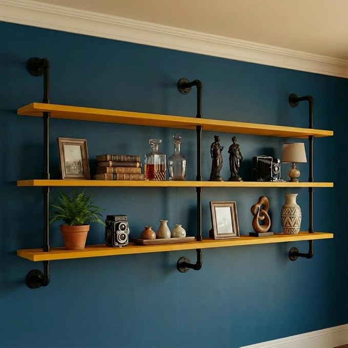 HDDFER Industrial Pipe Wall Shelves - 60" Rustic Natural Oak Solid Wood, 9.85" Deep Floating Shelving for Farmhouse Rustic Decor, Sturdy Storage for Books/Plants/Toiletries