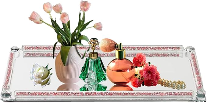 Crystal Mirror Tray, Crystal Glass Perfume Tray for Dresser Cosmetic Trinket Jewelry Vanity Trays for Display Crushed Diamond Home Decor Serving Trays for Bathroom Countertop Organizer (Rose Red)