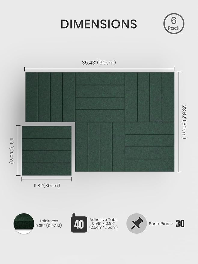 Bumusty Large Cork Board Alternative-36 x 24" Felt Bulletin Board Tiles, with 30 Pushpins, 40 Adhesive Tabs, Bold-Stripe 6-Pack, Cork Boards for Office Push Pin Board Felt Board-Pine Green