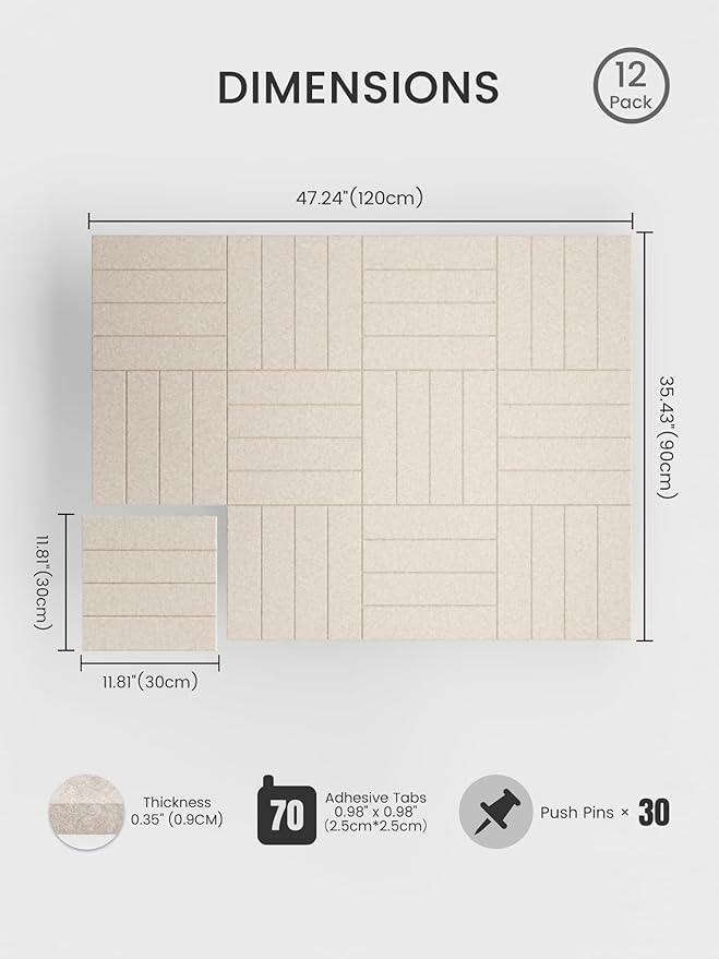 Bumusty Large Cork Board Alternative-48 x 36" Felt Bulletin Board Tiles, with 30 Pushpins, 70 Adhesive Tabs, Bold-Stripe 12-Pack, Cork Boards for Office Push Pin Board Felt Board-Oatmeal