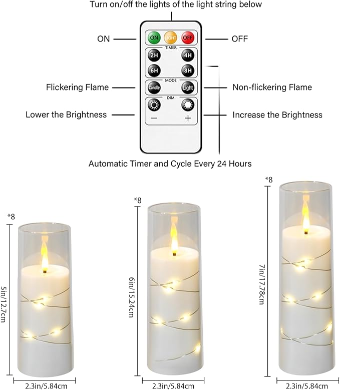 Nimiko Flickering Flameless LED Candles,Battery Operated Candles 24 Pcs with Embedded Star String,Acrylic LED Pillar Candles with Remote,Suitable for Home Decoration to Create an Atmosphere (White)