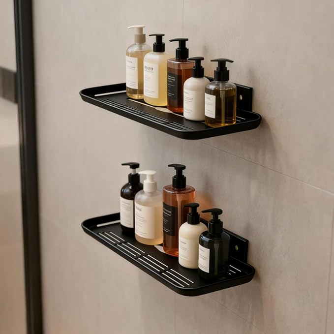 2pc Wall Mounted Floating Shelf, Self Adhesive Small Shelf, No Drill Shelves for Wall, Floating Shelves Damage-Free Expand Walls Space for Living Room Kitchen Bathroom (2, Black)