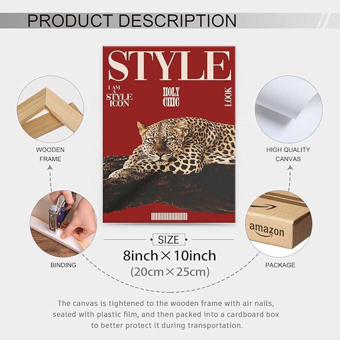 Red Cheetah Wall Art Vintage Trendy Cool Y2k Leopard Style Posters Funky Magazine Aesthetic Cover Canvas Prints 08x10 inch Framed for Living Room Bedroom Dorm Wall Decor