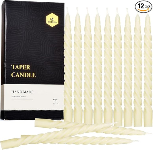 12 PCS Natural Beeswax Spiral Taper Candles Bulk - Organic Dripless Long Candle Sticks for Dinner Wedding Party Christmas Home Decorations - 10 Inch Tall - Off White