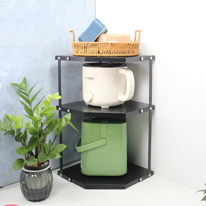 HUIJIN Black,3-Tier Kitchen Corner Rack,Shelves Corner Shelf Stand Holder,Multipurpose Triangular Storage Shelf Organizer,Corner Pot Rack