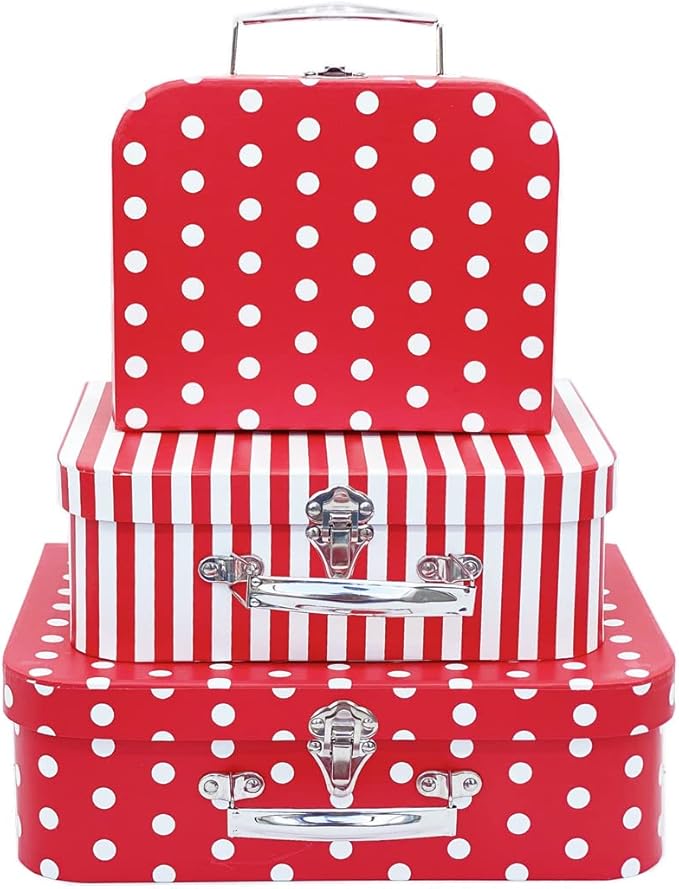 Paperboard Suitcases Set of 3 Decorative Storage Boxes With Lids, Red Gift Boxes With Lids, Nesting Gift Boxes for Disney Toys Barbie Doll Kids, Christmas or New Year Decoration