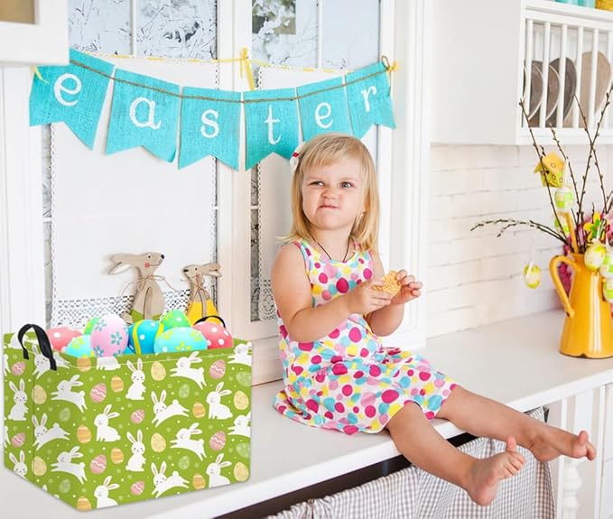 HIYAGON Rectangular Easter Basket Easter Gift Basket Kids Storage Basket Kids Basket Baby Nursery Basket for Boys Bunny Room Decor Cute Toy Storage Organizer Bins Bedroom(Green Easter Bunny)