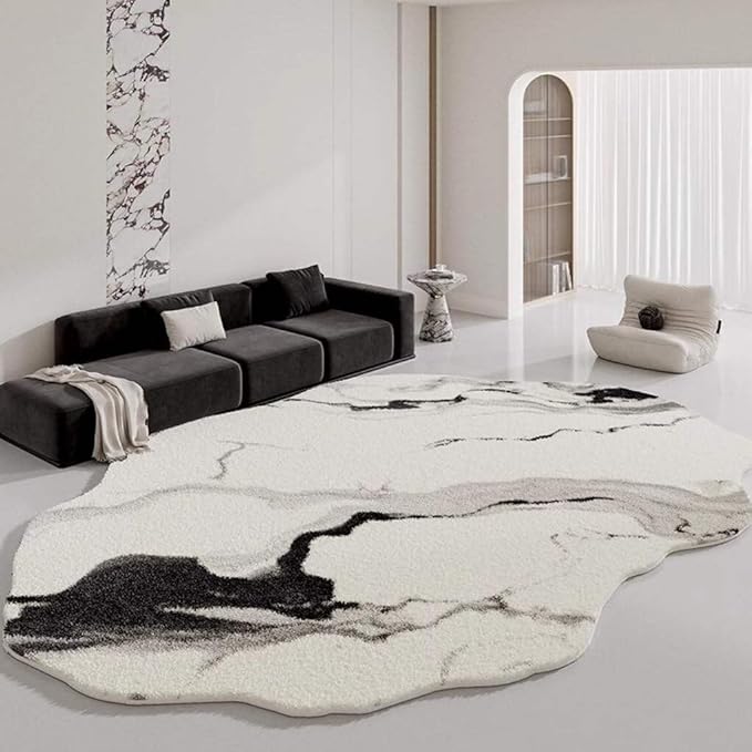 Black Gray White Marble Textured Irregular Rug 9x12 Modern Abstract Irregular Shaped Area Rug for Bedroom Diningroom Living Room Non Slip Large Carpet Minimalist Apartment Washable Easy Clean Mats