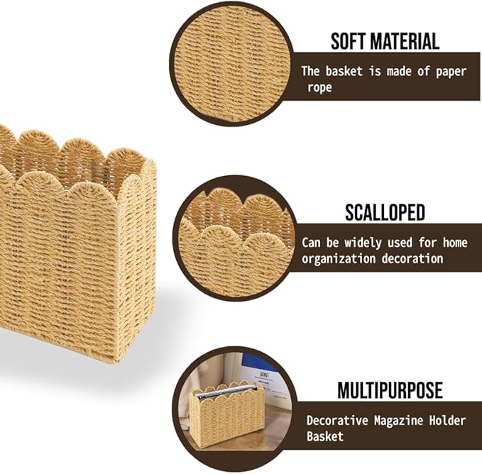 Paper Rope Magazine Holder for Floor, Wicker Magazine Basket, Tall Narrow Book Basket & File Holder for Books, Mail, Newspapers & Papers, Scalloped Storage Basket for Living Room, Office, Bedroom