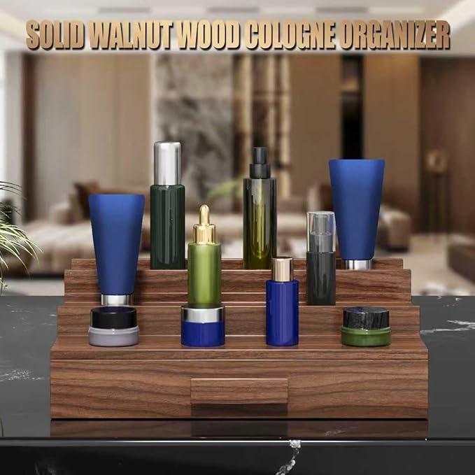 Solid Walnut Cologne Organizer for Men,Cologne Stand,4 Tier Wooden Cologne Holder Shelf Display,Perfume Stand Organizer with Drawer Storage and Hidden Compartment,Gift for Men Dad Husband