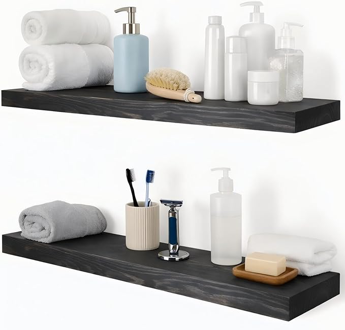 Wood Floating Shelves 36 inch Long Set of 2,8 inch deep Solid Wood Wall Mounted Shelves for Living Room Kitchen,Book Shelf for Wall with Hidden Bracket- Black