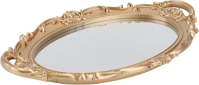 TIDTALEO Vintage Mirror Tray Perfume Photographing Prop Decorative Storage Plate Makeup Organizer Retro European Oval Gold Vanity Tray for Home Décor