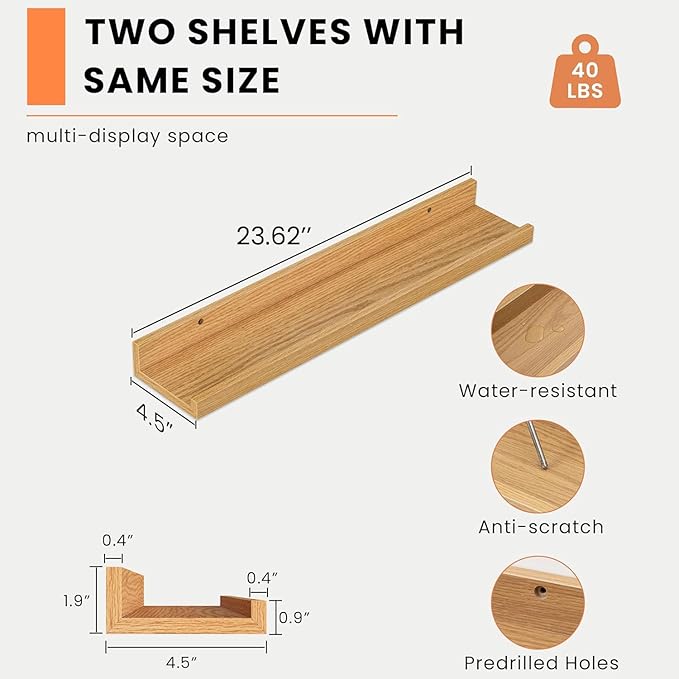 Heimlove Picture Ledge Shelf, Floating Shelves Set of 2, 24 Inches Picture Shelf for Wall with Ledge, Kids Bookshelf Wall Mounted for Living Room Bedroom Decor Books Photo Frames - Natural Oak