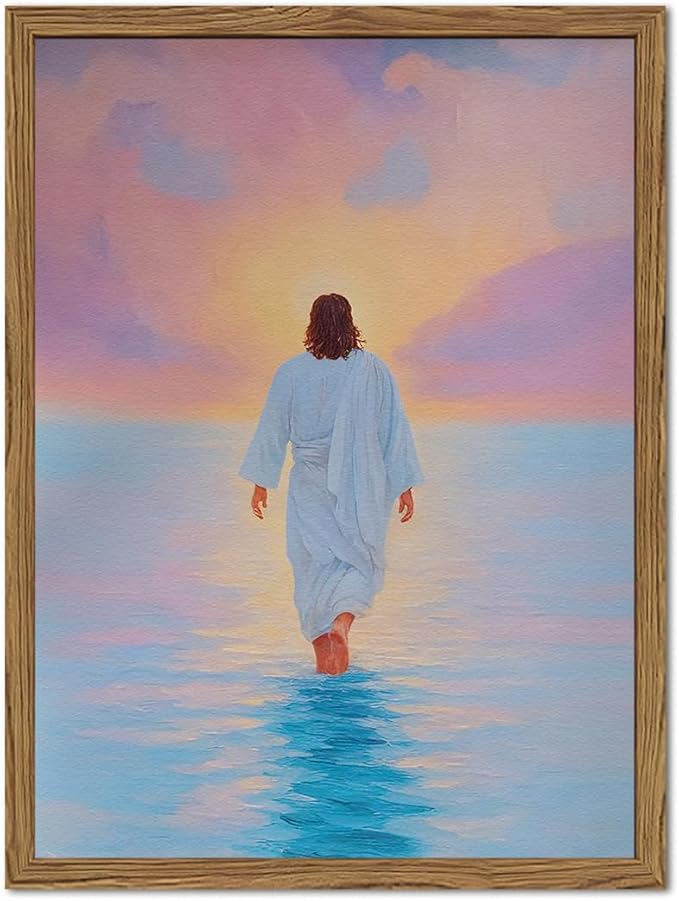 Pink Jesus Walking On Water Wall Art Painting Pink Christian Girl Wall Decor 3D Textured Sandstone Religious Artwork for Living Prayer Room Bedroom 16x24 inch Wood Framed