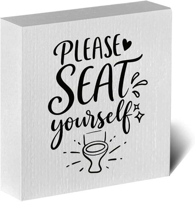 Funny Rustic Bathroom Decor Wooden Box Sign 5x5 Inch - "PLEASE SEAT yourself" Humorous Restroom Shelf Table Decor, Farmhouse Style Wall Countertop Ornament for Home Guest Bathroom Housewarming Gift