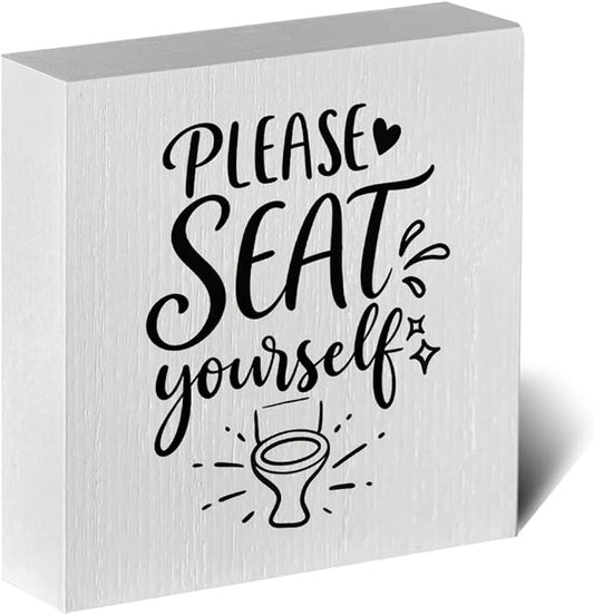 Funny Rustic Bathroom Decor Wooden Box Sign 5x5 Inch - "PLEASE SEAT yourself" Humorous Restroom Shelf Table Decor, Farmhouse Style Wall Countertop Ornament for Home Guest Bathroom Housewarming Gift