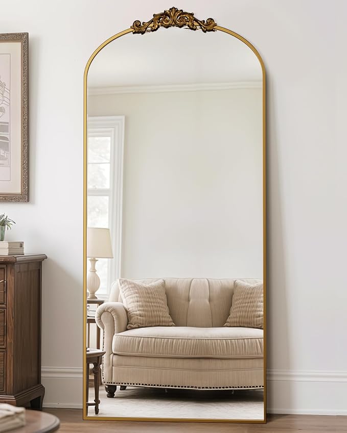 Antok Arched Full Length Mirror, 71"x32" Floor Mirror with Carved, Full Body Mirrors for HomeDecor, Standing/Halling Large Wall Mirror for Bedroom, Living Room, Cloakroom, Gold, Retro Style