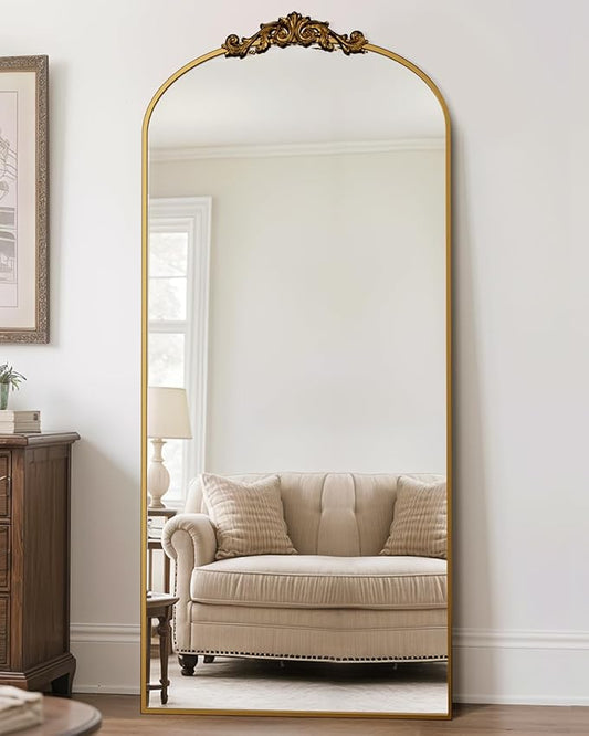 Antok Arched Full Length Mirror, 71"x32" Floor Mirror with Carved, Full Body Mirrors for HomeDecor, Standing/Halling Large Wall Mirror for Bedroom, Living Room, Cloakroom, Gold, Retro Style