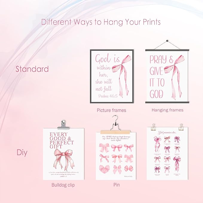 KBKBART Coquette Pink Bow Wall Art Decor Posters– Set of 6 Unframed 8x10 Prints, Inspirational Bible Verse Posters for Girls Room, Aesthetic Christian Decor for Bedroom, Bathroom, or Dorm