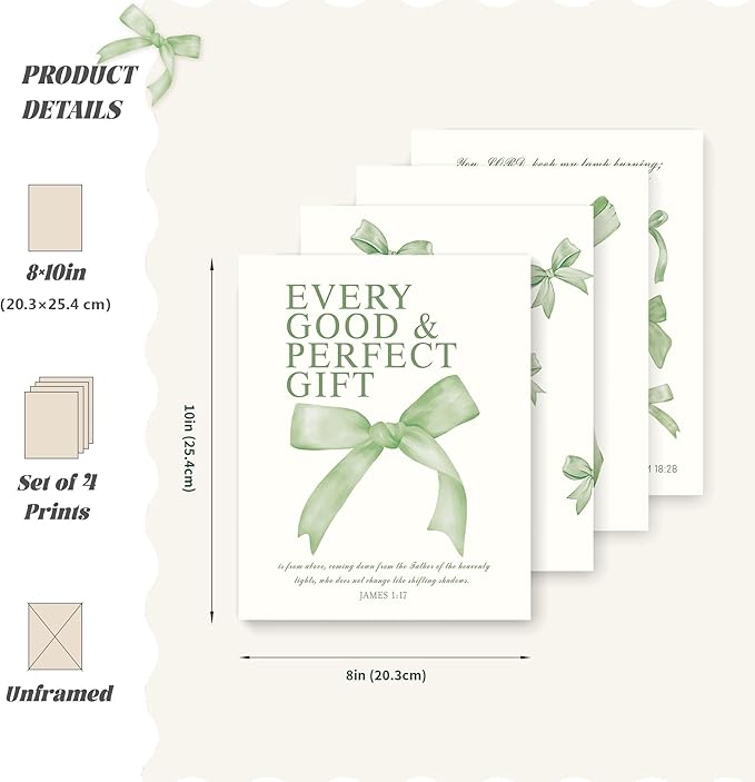 LARTSFRO Coquette Sage Green Bow Wall Art Decor Posters, Sage Green Bow Room Bedroom Bathroom Dorm Wall Art Decor Aesthetic for Teen Girls Gifts, Inspirational Bible Verses Bow Wall Decor, 10x8 Inch Set of 4 Pcs Bow Pictures (UNFRAMED)