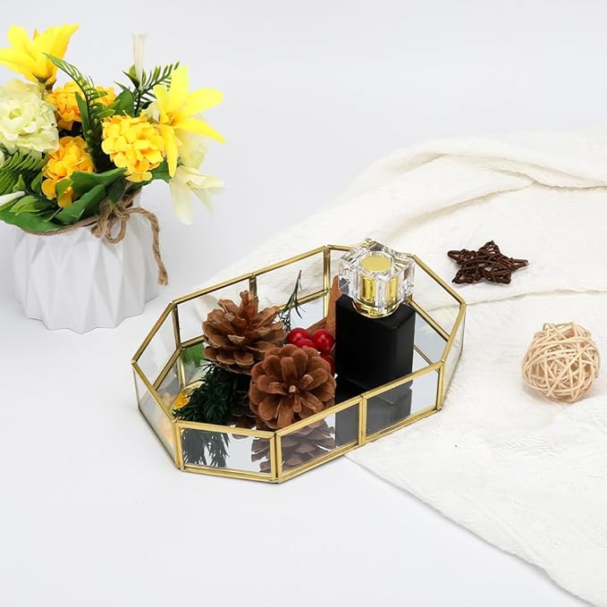 Mirror Glass Vanity Tray, Octagonal Gold Ornate Makeup Perfume Tray, Vintage Style Jewelry and Trinket Organizer for Dresser, Bathroom Storage Decor