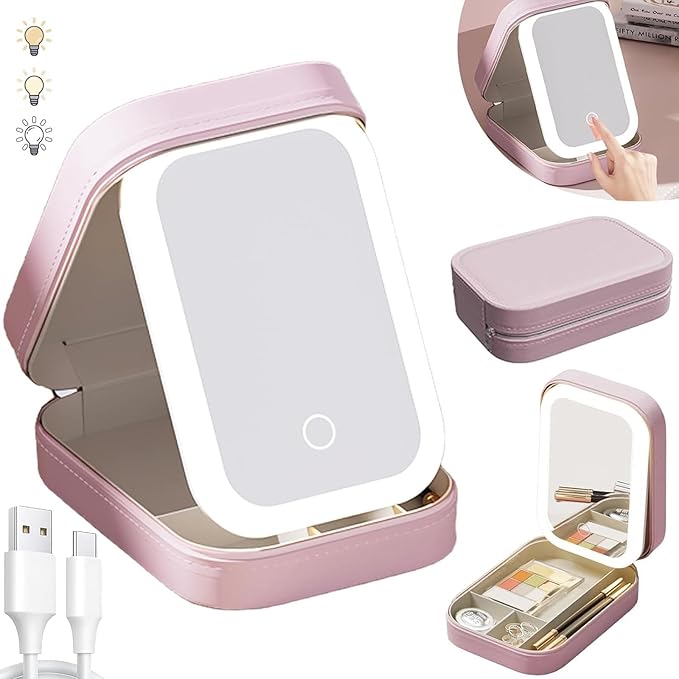 Led Three-Color Adjustable Makeup Mirror, Led Vanity Mirror Jewelry Box, Travel Portable Rechargeable Makeup Organizer with Led Lights (Pink)