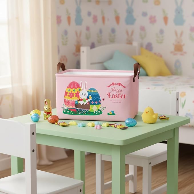 Large Rectangular Cute Kid Easter Basket Empty Bunny Eggs Easter Basket Gift Spring Room Storage Organizer Décor (E-03)