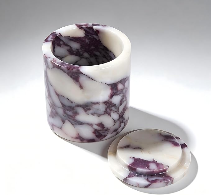 Luxury Marble Storage Box with Lid, White and Purple Veined Pattern, Decorative Organizer for Makeup Brushes, Jewelry, Bathroom Accessories (Round)