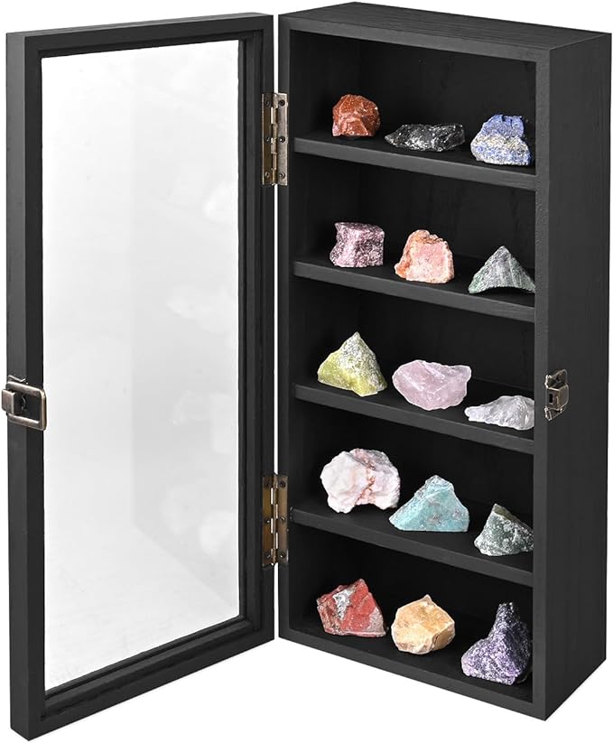 Ikee Design Wall Mounted Wooden Collectible Display Case 5 Shelf Display Storage Accessories with Tempered Glass Door, Black Color