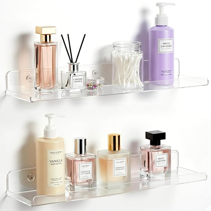Lifewit Floating Shelves for Bathroom, 15" Acrylic Wall Organizer for Perfume, Makeup, Figures, Nail Polish, Photo, Book, Decor Display Rack for Nursery, Living Room, Bedroom, Kitchen, Clear, 2 Pack