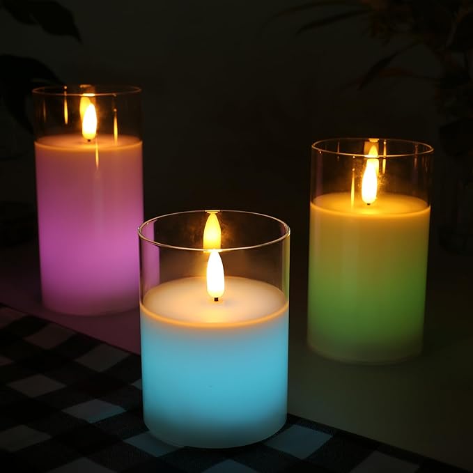 Color Changing Flameless Candle - Glass Flameless Candles with Timer, Battery Operated Candles with 18-Key Remote, Real Wax Flickering LED Pillar Candles for Wedding Party Home Decor (Multicolor)