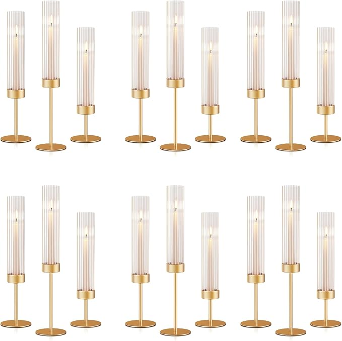 Gold Hurricane Candle Holders: Fluted Tall Candlestick Holders for Wedding Brass Taper Candle Holder Modern Candle Sticks Holder Decor for Table Centerpiece Christmas Party Home Set of 18
