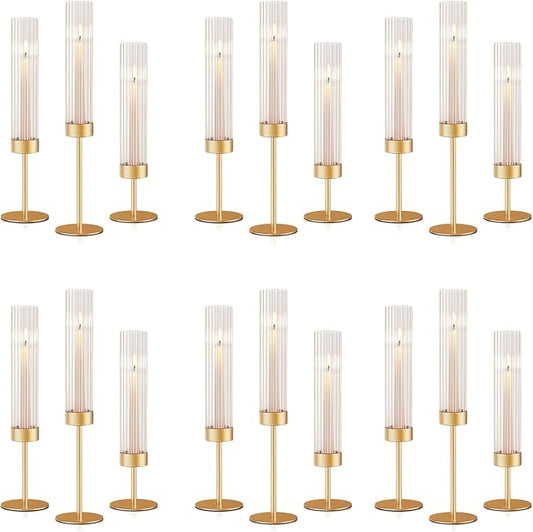 Gold Hurricane Candle Holders: Fluted Tall Candlestick Holders for Wedding Brass Taper Candle Holder Modern Candle Sticks Holder Decor for Table Centerpiece Christmas Party Home Set of 18