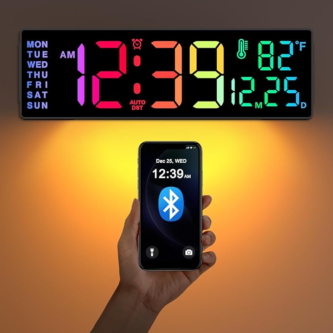 Soobest 14.2" Large Digital Wall Clock, Bluetooth Auto Time/Date/Day Sync, LED Large Display, Gym Countdown Timer & Temperature for Classroom, Living Room, Home, 12 Colors