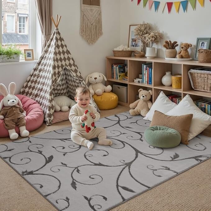 PureCozy Gray Washable Area Rug 4x6 Soft Shag Rugs for Kids Room Modern Boho High Pile Non-Shedding Throw Rugs Non Slip Indoor Office Carpet for Playroom Bedroom Living Room