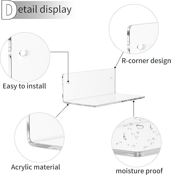 Sezanrpt 8 Inch Clear Shelf for Wall, Acrylic Small Floating Shelf, Home Wall Shelf Organizer for Room Storage, Room Décor, Space Saving, 4'' Depth, 2 Pack