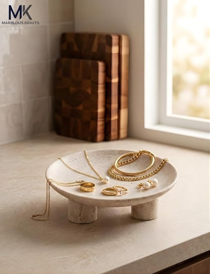 Travertine Decorative Tray 8' inch Vanity Organizer Tray for Perfume Display and Jewelry Storage, Perfect Bathroom Countertop Decor